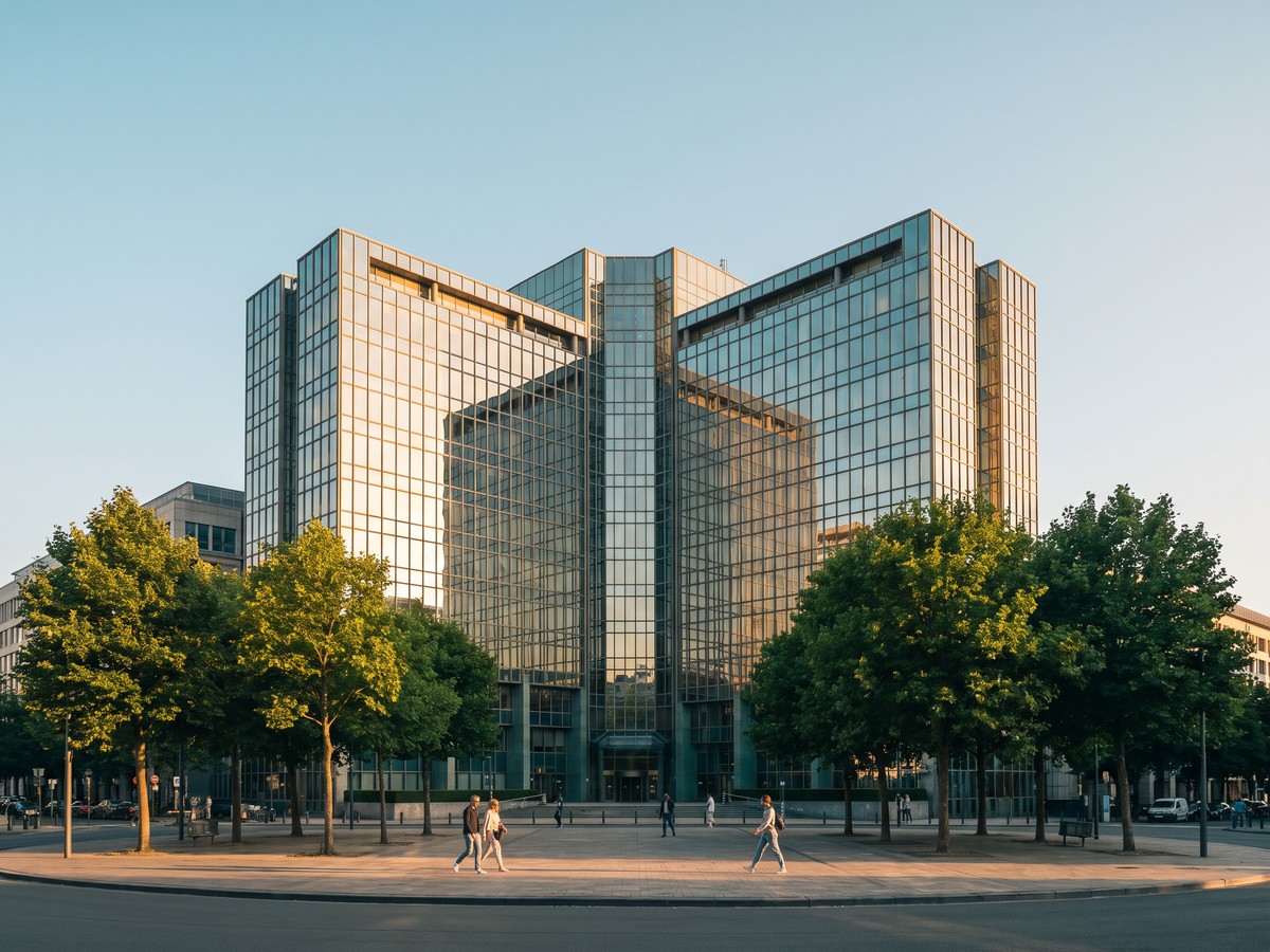 Photograph of the modern glass European Commission building in Brussels at golden hour, with a tree-lined plaza